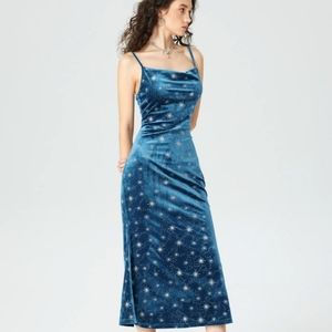 Cider blue velvet mermaid midi dress NWT